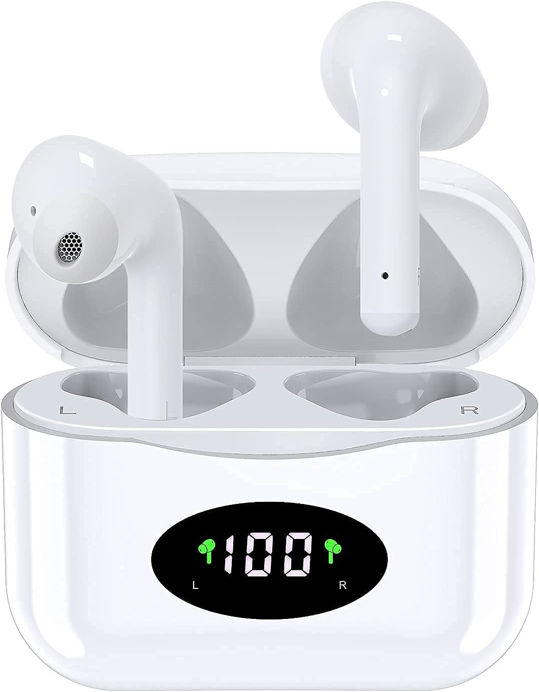Wireless Earbuds Bluetooth,True Wireless Earbuds with IPX7 Waterproof 30 Hours Playtime Digital Display Wireless Earbuds with Touch Control Mics Deep Bass Sound in Ear Earphones for Sports（White）