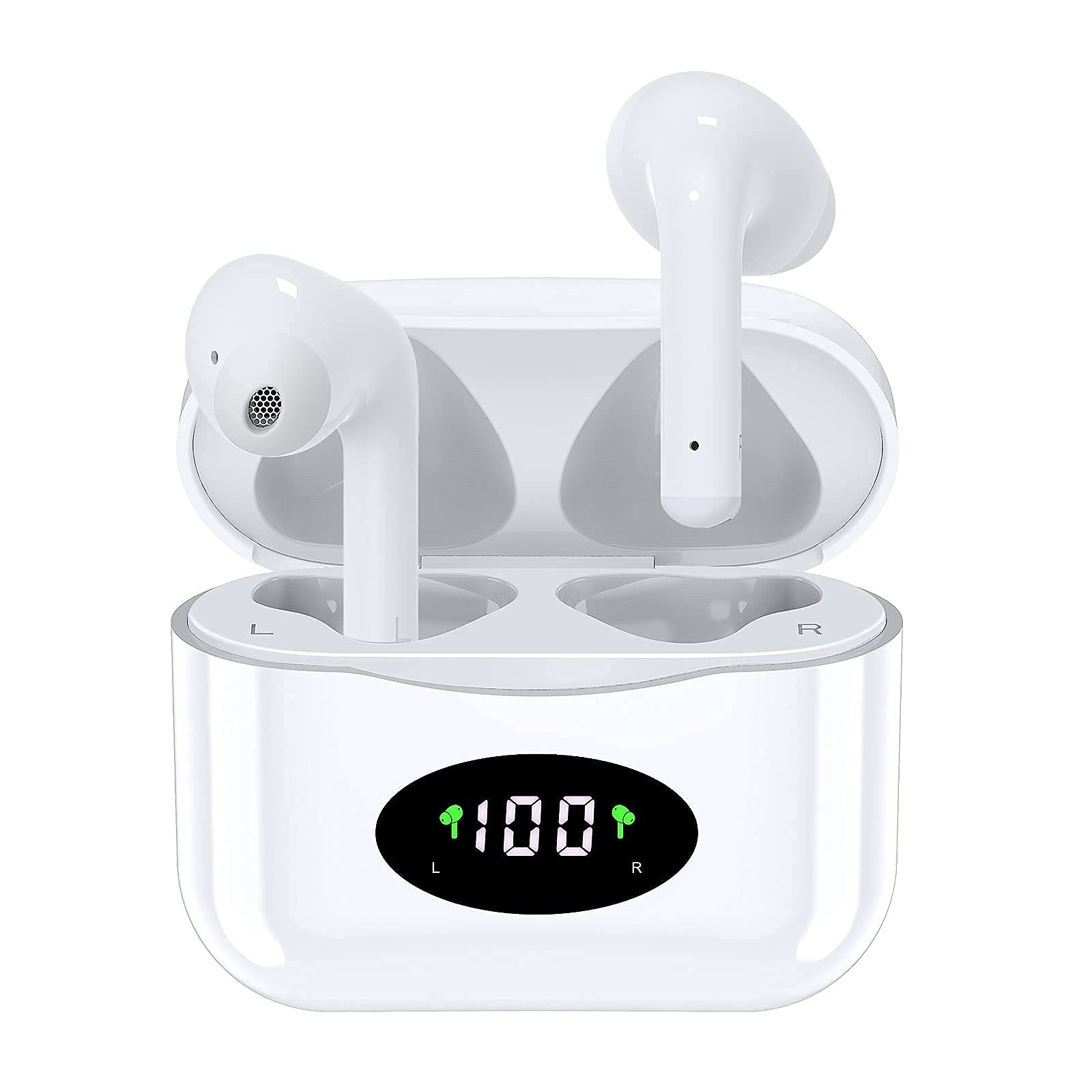 Wireless Earbuds Bluetooth,True Wireless Earbuds with IPX7 Waterproof 30 Hours Playtime Digital Display Wireless Earbuds with Touch Control Mics Deep Bass Sound in Ear Earphones for Sports(White)