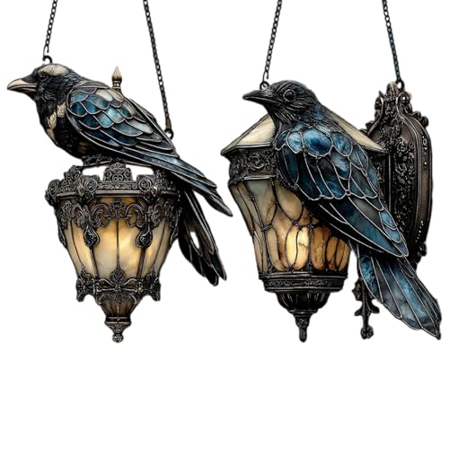 Cuervo en farol atrapador de sol Halloween cuervo farol captador de sol 2025 decoración vintage vitral 2D acrílico adorno para la ventana de la academia oscura del hogar y colgante de pared fácil de