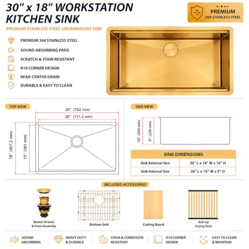 Image of Gold Undermount Kitchen Sink, 16 Gauge T-304 Stainless Steel Workstation