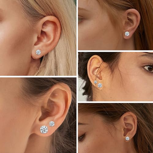 ORAZIO 6Pairs Hypoallergenic Flat Back Earrings 316L Stainless Steel Studs for Sensitive Ears, 3-8mm Cubic Zirconia, Stylish Jewelry for Women Men - Silver4