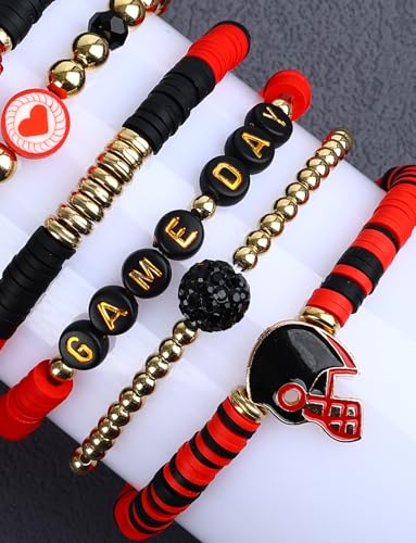 Game Day Bracelets Football Charm for Women Football Bracelets Red Black Blue Heishi Clay Beaded Stretch Bracelets Stackable Sports Bracelet Bangles Football Mom Accessories Outfits4