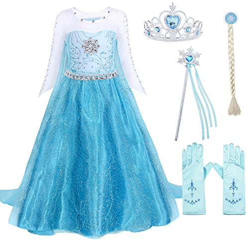 AmzBarley Snow Queen Dress for Girls Kids Princess Costumes Long Sleeve Tulle Fancy Party Dresses with Cape Child Birthday Halloween Cosplay Outfit, 3-4 Years, Blue With Accessories