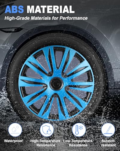 Image of ABX Hubcap Wheel Covers Hub Caps 16 Inch Set of 4 Black & Blue Universal Wheel Rim Cover R16 Stylish Car Decor Wheel Covers