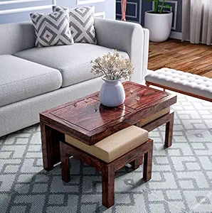 Deuba Soild Sheesham Wood Center Coffee Table with 2 Stools Beige Cushion for Living Room Hall Bedroom Office | Wooden Center Coffee Tea Table | Natural