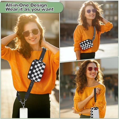 Image of YFWE Clip and Go Strap for Phone with Wallet Crossbody, Adjustable Phone Lanyard with Detachable RFID Wristlet Wallet, Phone Strap with Phone Tabs for All Phones, Black Checkered (M)