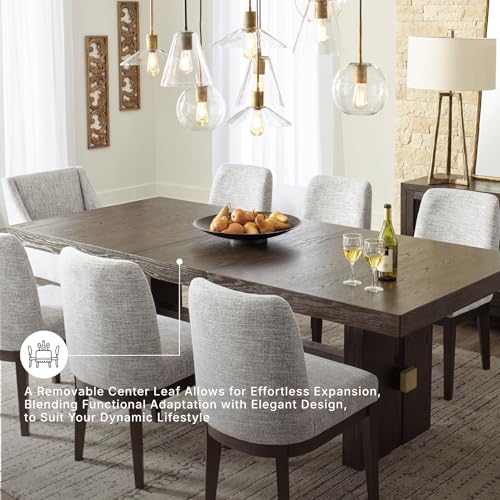 Image of Signature Design by Ashley Burkhaus Extendable Dining Table, Dark Brown | Seats up to 8, Removable 18-inch leaf, Made of wood, Oak veneer and engineered wood, Double pedestal base