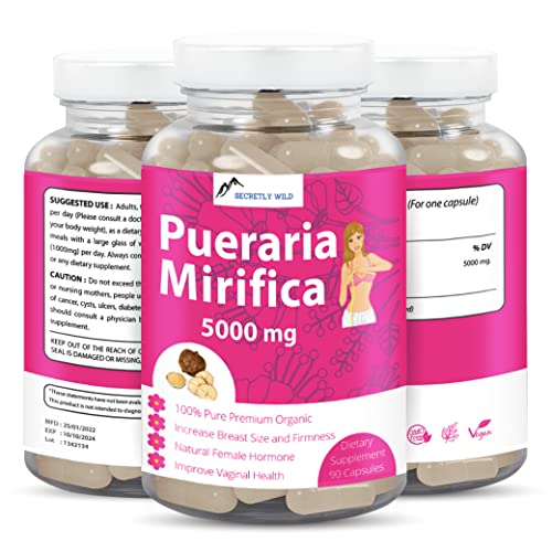 Pueraria Mirifica Capsules 5000mg - Natural Breast Enhancement Pills for Women - Breast Enlargement Pills - Breast Growth, Vaginal Health, Menopause Relief, Skin & Hair Health 90 Vegetarian Capsules