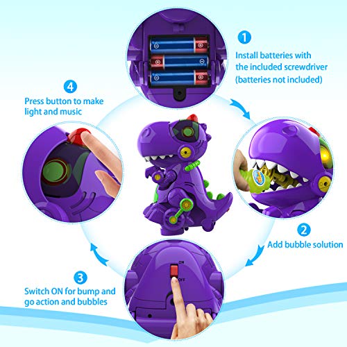 WisToyz Bubble Machine Dinosaur Bubble Blower, Walk & Stay Still Two Settings, Music & Light, Bump N Go Feature, Toddler Toys Bubble Machine for Kids, Two Bottles of Bubble Solution & Screwdriver