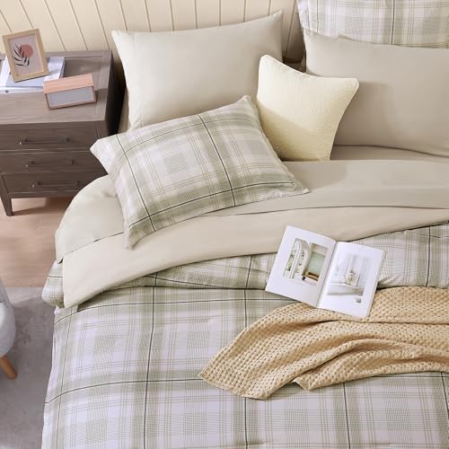 Image of MaiReve Plaid Queen Comforter Sets, Khaki Green Grid Farmhouse Bedding Set Bed in A Bag, Classic Checkered Comforter Sets with Fitted & Flat Sheet, Pillowcases & Shams 90 inchx90 inch