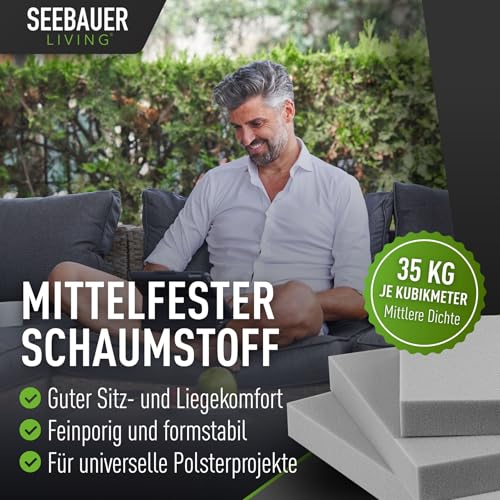 SEEBAUER Living Schaumstoff MEDIUM RG 35/40 (Mittelfest) 50 x 50 x 5 cm Schaumstoffplatte für Polster und Sitzkissen, Polsterschaumstoff als Zuschnitt für Sitzpolster
