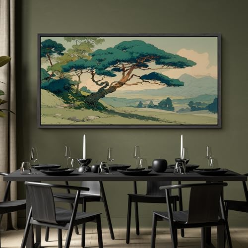 Image of MUDECOR Extra Large Framed Canvas Print Wall Art Vintage Japanese Pine Tree Landscape Oriental Antique Retro Ready to Hang Painting for Living Room Bedroom Multi-Sizes - 60 inchx30 inch