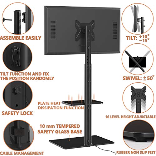 Universal Floor Tv Stand With Mount For 19 To 43 Inch Flat Screen Tv, 100 Degree Swivel,Adjustable Height And Tilt Function, 2 Shelves Space Saving Standing Tv Mount For Bedroom Living Room Corner #TOP4
