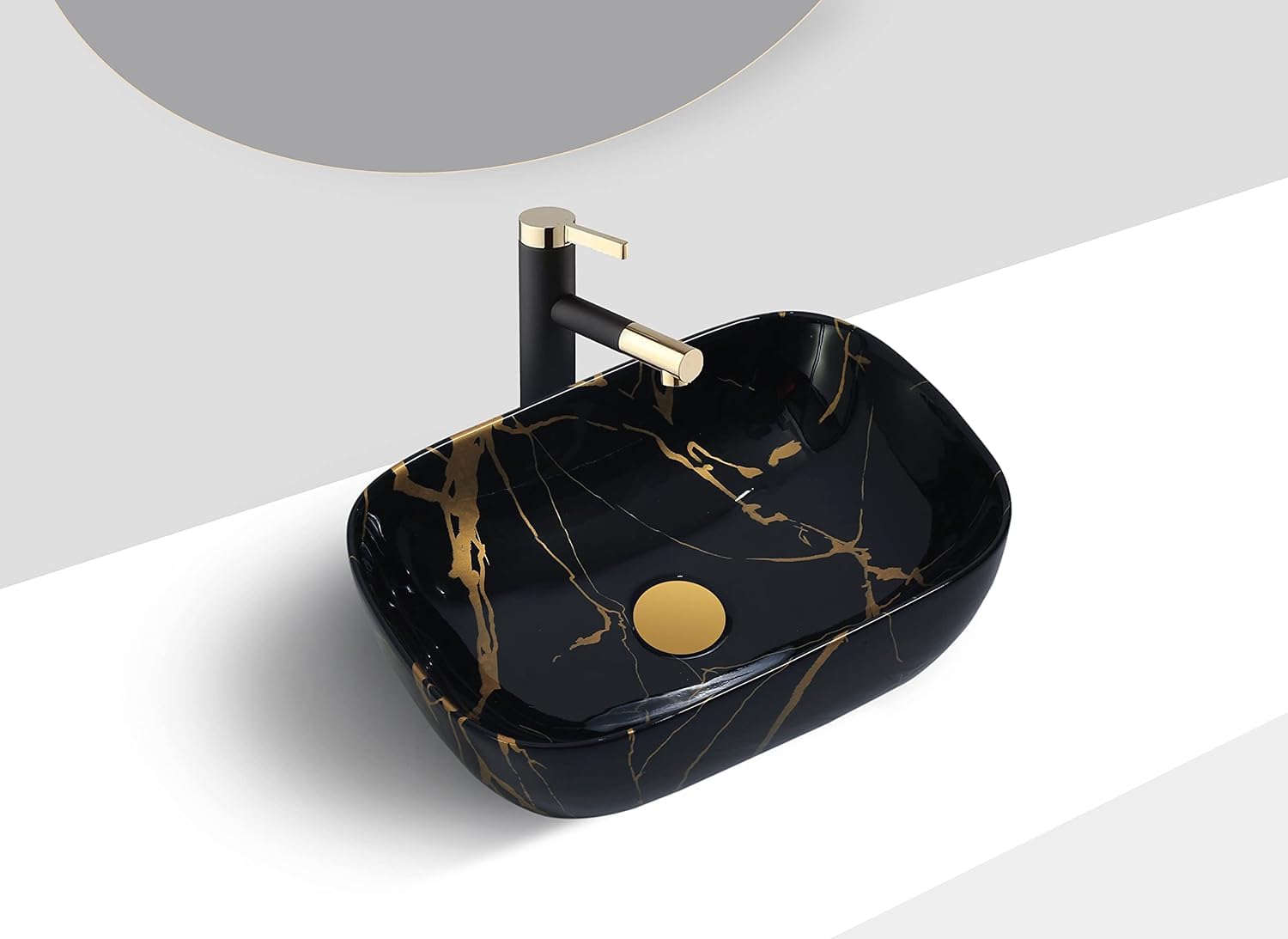 REMOTION Wash Basin Countertop | Tabletop Ceramic Bathroom Sink | Wash Basin Over Counter | Wash Basin For Bathroom (18 x 13 x 5.5 Inch) (WB-Black Golden Jelly) 1