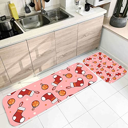 Banemi Antirutschmatte für Teppich, Küchenläufer 2er Set Rot Weiß Orange Weihnachtsbeleuchtung und Socken 40X60cm+40X120cm Heimtextilien