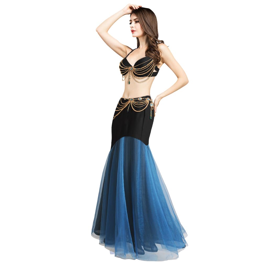Damski kostium do tańca brzucha - ręcznie wykonany biustonosz z zapięciem na haczyk, pasek i spódnica z łańcuszkami z pereł i kamieniami strasu, elegancki strój do tańca dla początkujących i