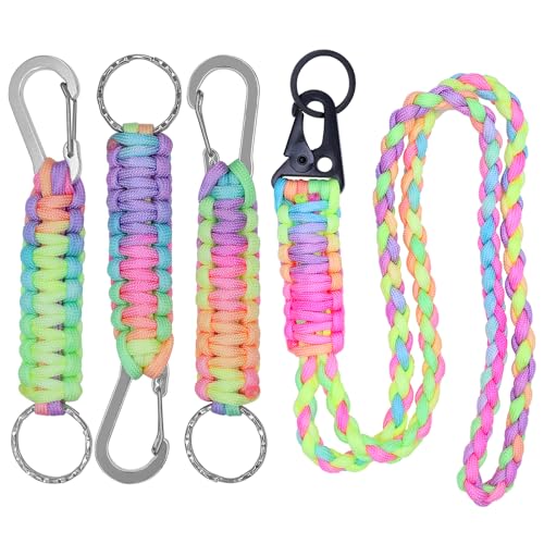 Runyu 4 Stück Paracord Schlüsselanhänger, Schlüsselband mit Karabiner, Mini Karabiner mit Schraubverschluss Geflochtene Paracord Lanyard Schlüsselringe Clip für Outdoor, Camping, Wandern