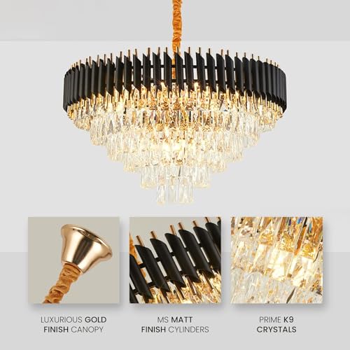 Image of Crown Lighting Crystal Jhumar in, Round Shaped Gold Finished Pandent /Hanging Chandelier Celling Light with Free Bulb Included (Medium) (Round-Black-Gold, 500MM)