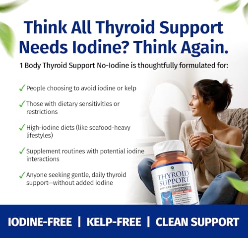 Image of 1 Body Thyroid Support Supplement for Women - Iodine Free Formula with Selenium, Zinc & Ashwagandha - Supports Energy, Metabolism & Hormone Balance - 60 Vegan Capsules