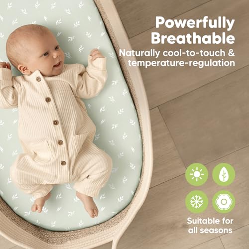 Image of 2-Pack Baby Bassinet Sheets Girl, Boy - 33x17 Viscose Derived from Bamboo Bedside Mattress Fitted Bassinet Sheets, Compatible with Halo Bassinest Swivel Sleeper, Baby Delight, Graco (Herb)