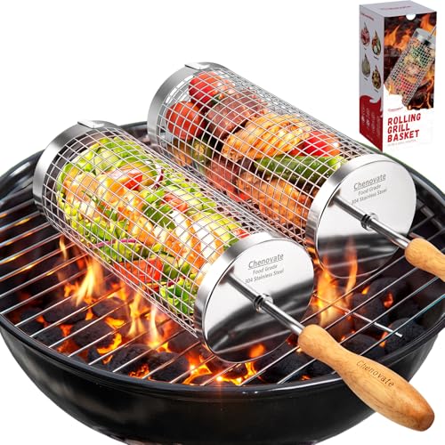 Chenovate® Rolling Grill Baskets,Fathers Day Gifts for Dad Husband,Removable Wooden Handle,304 Stainless Steel,Grilling Accessories for Veggies,Smoker BBQ Tools,Grilling Gifts for Men Birthday Anniversary —2 Pack