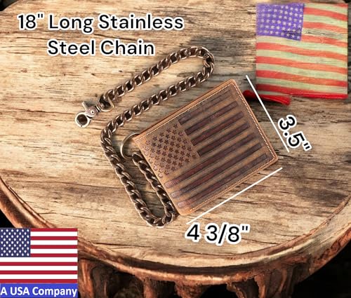 F&L CLASSIC RFID Blocking Mens bi-fold Style Cowhide Leather Steel Chain Wallet, brown flag,texas 2002