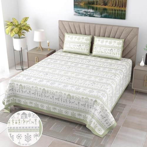 Image of YOKSH Handlooms - Premium Jaipuri 100% Cotton 240 TC|SuperKing Jumbo Size 120x120 INCH,10x10 FEET|Sides-Stitched Flat BEDSHEET|2 Flap Pillow Covers|AZO-Free Colors (Pista White Warli Print 1204)