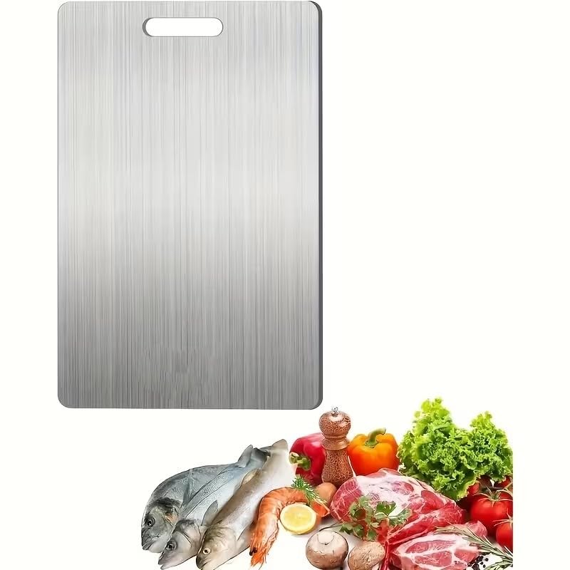 Tabla de cortar de acero inoxidable doble cara, antideslizante y portátil, ideal para frutas, verduras y carne miniatura 1