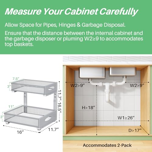 Image of Under Sink Organizer, 2-Pack Pull Out Cabinet Organizer 2 Tier Metal Slide Out Storage Shelf Rack, L-Shaped Adjustable Height,Mesh Sliding Drawer for Kitchen, Bathroom, Laundry, Pantry, Grey, XL