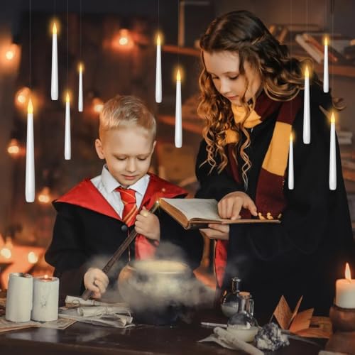 Image of kakoya Flameless Floating Candles with Wand,20 Pcs Magic LED Hanging Taper Candles,Flickering Battery Operated Taper Candle with Wand Remote for Halloween Decorations Best Gift(White)