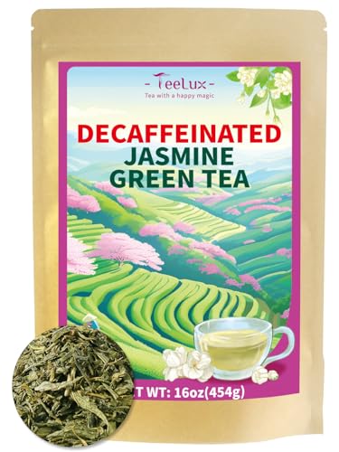 Image of TeeLux Decaf Jasmine Green Tea, Decaffeinated Jasmine Scented Green Tea Loose leaf, Pleasant Aroma & Smooth Taste, 16oz