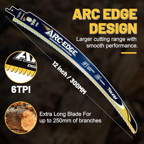 Image of TOLESA 12in. Japanese Teeth Reciprocating Saw Blade, Arc Edge Wood Pruning Saw Blades 6TPI for Tree Trimming, Wood Cutting, Durable & Sharp, 3 Pieces