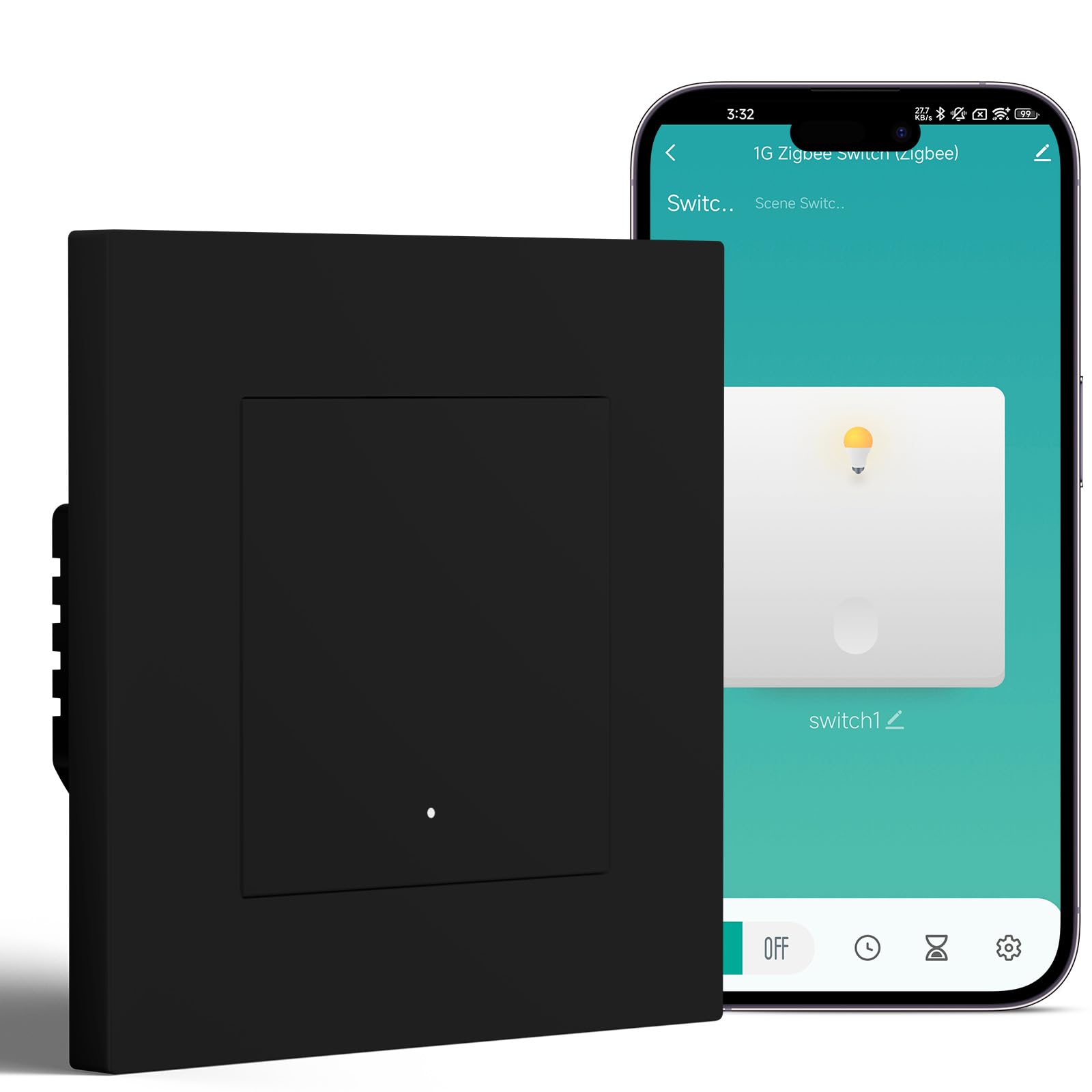 BSEED Smart Zigbee Schalter mit Steckklemme, Smart Lichtschalter Funktioniert mit Alexa & Google Home, Timing-Funktion, PC Rahmen, Zigbee Hub & Neutralleiter Erforderlich, 1 Fach 1 Weg, Schwarz