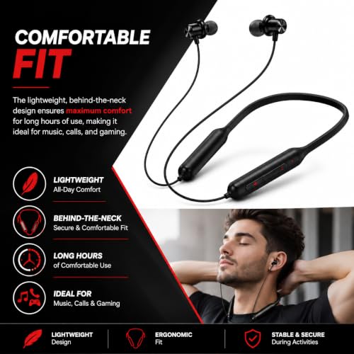 Image of Bouncefit Bluetooth Wireless Mangentic On /Off Neckband, 40 Hours Battery, Fast Charge, IPX7, Low Latency, in Ear Bluetooth Neckband with Mic Earphones (Black) CC
