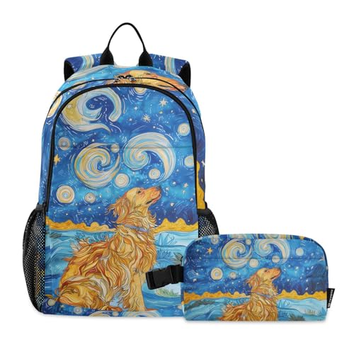 School Backpack and Insulated Lunch Bag Set Teens Girls Boys Kids Schoolbag Set Golden Retriever Starry Night Backpack
