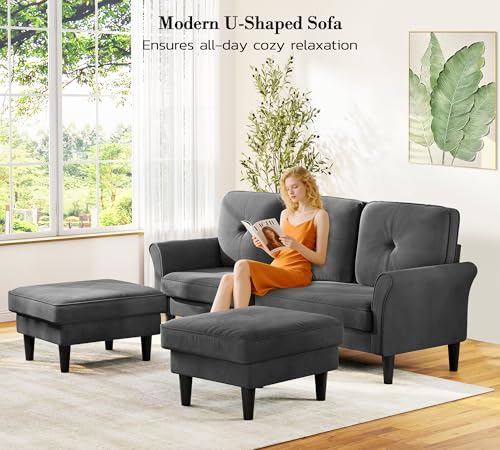 Image of Kidirect Small Sectional Couch, 83 inch U Shaped Couch, Comfy Velvet Couches for Living Room, Tool-Free Setup Modular Sectional Sofa, 850lbs Load Sofas for Living Room with 2 Movable Ottomans, Grey Couch