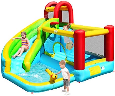 BOUNTECH Inflatable Water Slide, 6 in 1 Water Bounce House for Kids Outdoor Fun w/Splash Pool, Climbing Wall, Water Cannon, Water Slides Inflatables for Toddlers Boys Girls Backyard Party Gifts