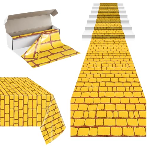 100 Ft x 54 Inch Yellow Long Floor Runner Carpet with Cutter Box Large Yellow Brick Wall Backdrop Tablecloth Roll for Halloween Birthday Party Decorations Supplies
