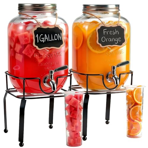Image of 2 Pack1 Gallon Glass Drink Dispensers For Parties,Beverage Dispenser with Stand,304 Stainless Steel Spigot Leakproof,Lemonade Dispenser for Sun Tea, Homemade Juice