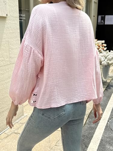 Tankaneo Womens Deep V Neck Tie Front Blouse Cotton Long Puff Sleeve Eyelet Tops Cute Lace Trim Flowy Ruffle Shirts3