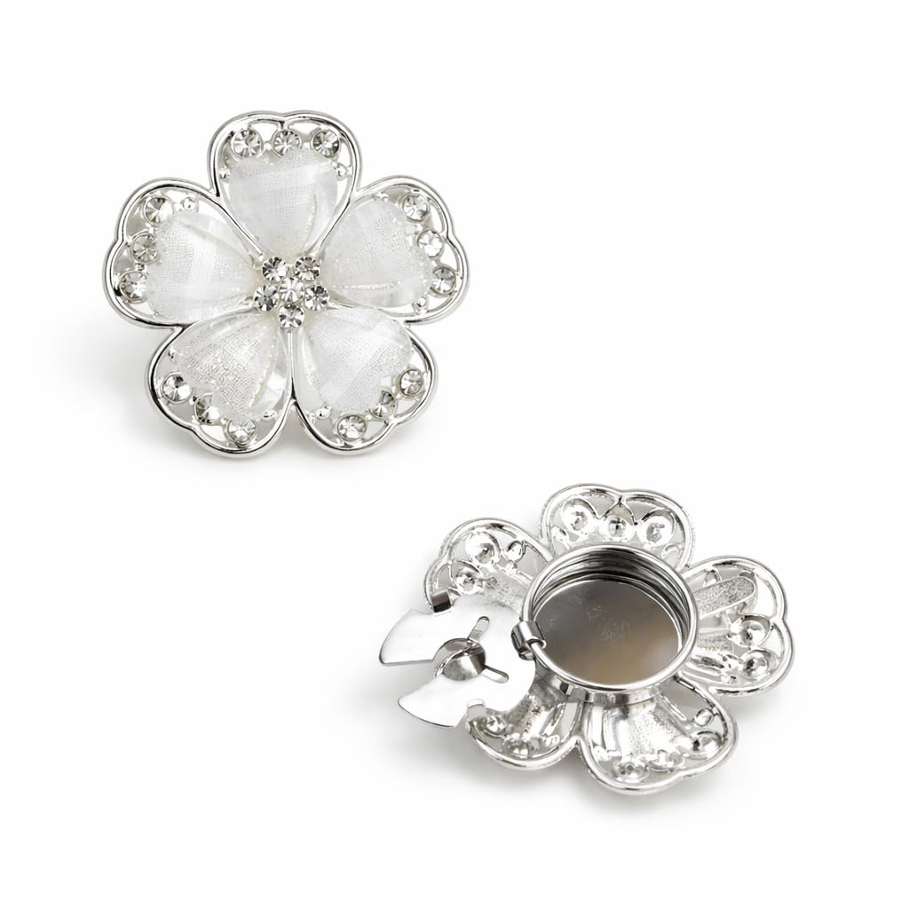 AlankritParis White Crystal Floral Button Cover with Rhinestone Embellishment, Silver Tone Flower Design-picture-55