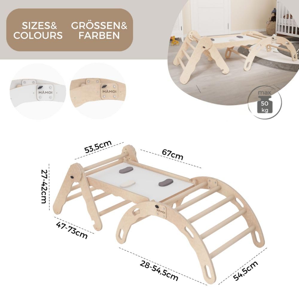 MAMOI® Set de Estructura de Escalada Interior, triángulo de Escalada con tobogán de Madera, Arco trepador, bebé niños, balancín Arco Iris con Tabla Deslizante, Arco de Madera para Parque Infantil a