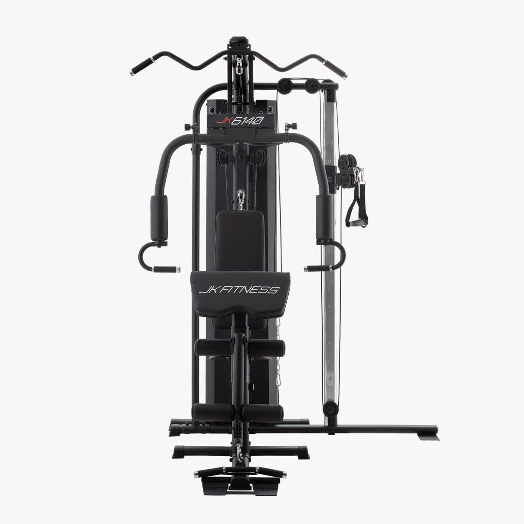 JK FITNESS [Stazione Multifunzione Con Double Pulley Laterale Pacco Pesi 80Kg] MultiGym Macchina A Cavi Home Gym Cavi Acciaio 5mm, Carrucole 9cm, Regolazioni Sedile 3 Schienale 5, JK6140 FullBlack Pro
