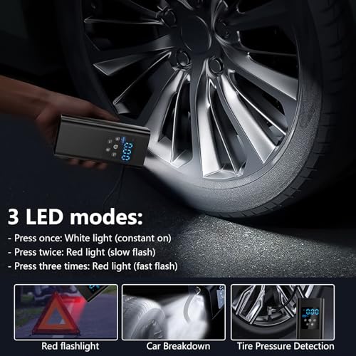Image of Portable Electric Air Compressor, 150 PSI Tire Inflator with Digital Display, 6000mAh Battery, LED Light, Type-C Charging, and 4 Nozzle Attachments for Car, Motorcycle, Bicycle, Ball, and Inflatables