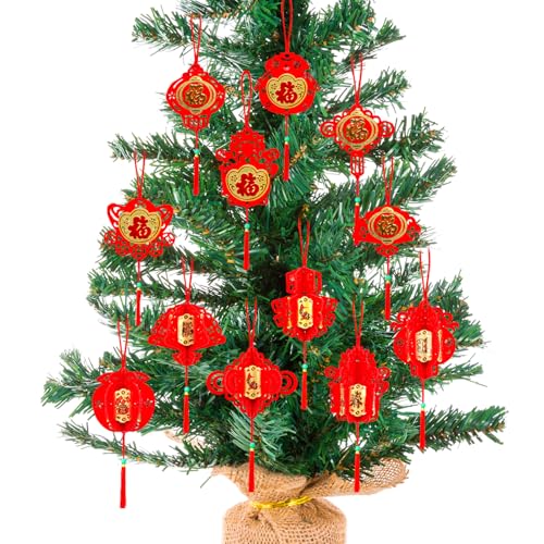 12 Pcs Chinese New Year Decorations Hanging Ornaments,Chinese New Years Decorations 2026, Red Hanging Ornament Lucky Fu Pendants Lantern Lucky Fu Pendants for New Year Home tree Car ornaments