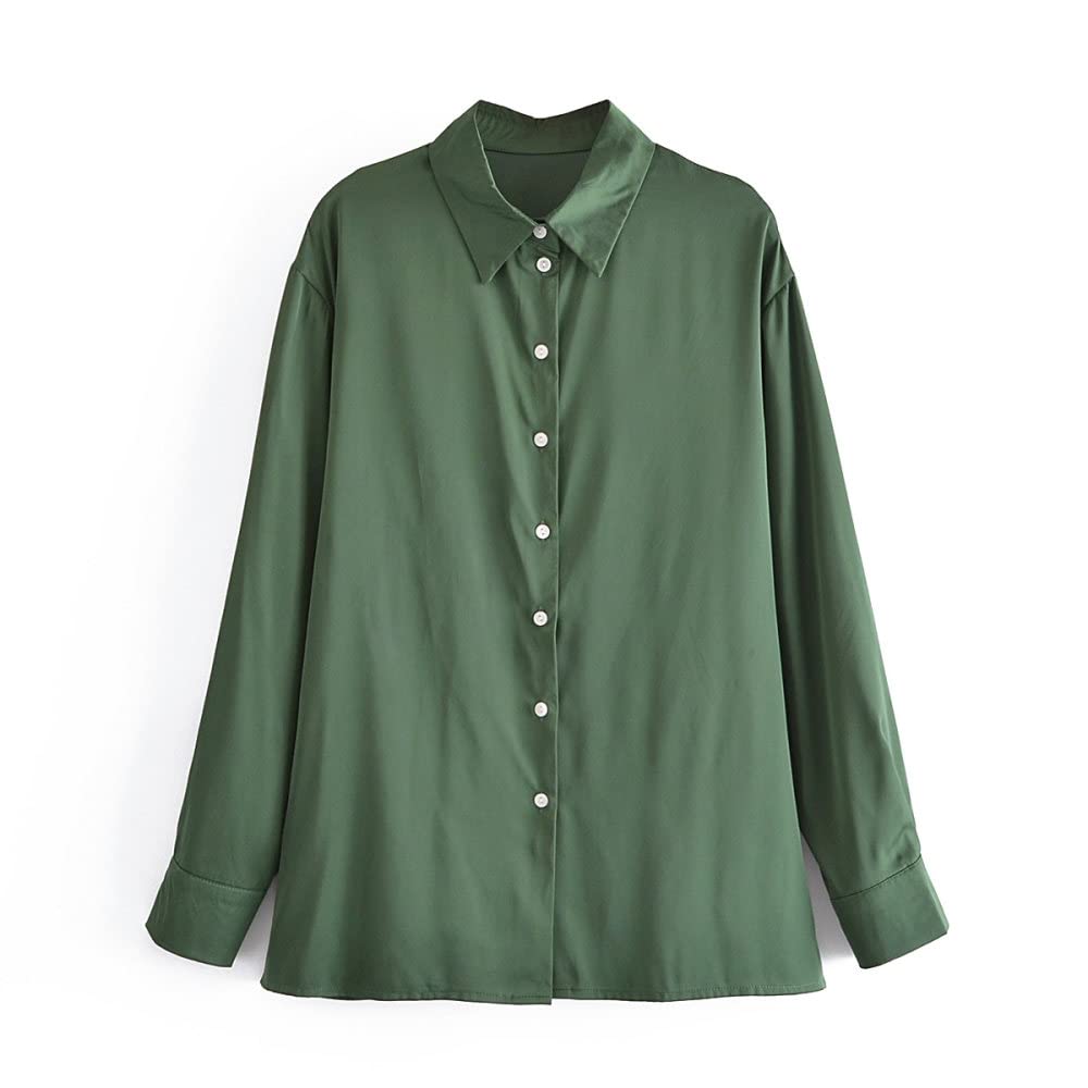 Lockeres Damenhemd,Damen Satin Bluse Shirt Dunkelgrün Langarm Vintage Mode Seidenhemden Business Hemd Mit Knopf Sexy Party Tops Lässige Arbeit Bürobluse Für Mädchen Damen