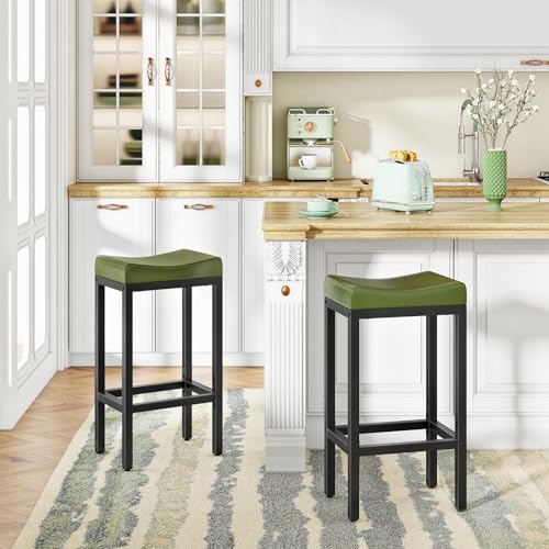 Image of HOOBRO Bar Stools, Set of 2 Bar Chairs, Counter Height Stools, Saddle Barstools with Curved Surface, 24.8 Inches, 2.4 inch Thick Upholstery, for Kitchen, Dining Room, Cafe Forest Green and Black JB10BY01