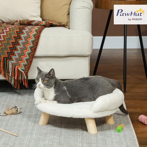 PawHut Katzensofa Hundesofa aus Plüsch Hundebett mit Rückenlehne, Holzbeine, Hundecouch mit weicher Polsterung für Katzen miniaturhunde Hunde 47 x 40 x 20 cm Cremeweiß