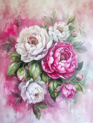 Pintar por Numeros Adultos con Marco Flor Pintar por Numeros Peonía Painting by Numbers Kit Manualidades Adultos con Pinceles y Pintura Acrílica de Lona Preimpresos, Decoración Hogar 60x80cm -h24Z