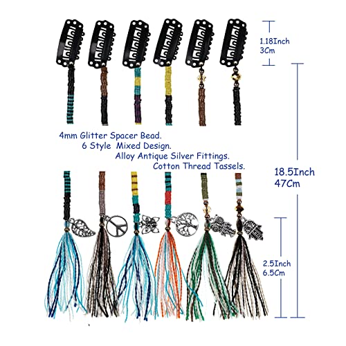 Minihope 21 Inch Bright Spacer Bead Hairpieces Set Hair Wrap Boho Plastic Disc Stackable Tassels Hair Clips With Retro Silver Plated Charm Crazy Hair Accessories For Grils And Women 6 Style Mixed Design (Mixed) #TOP4